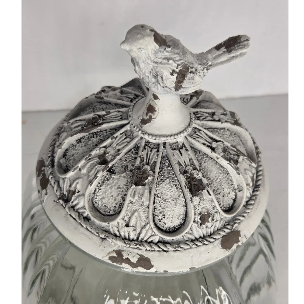 Ribbed Clear Glass Canister With White‎ Song Bird Chippy Paint Lid Cookie Jar